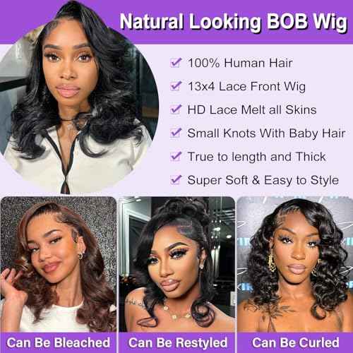 Hihmarm Body Wave Bob Wig Human Hair 13x4 HD Lace Front Wigs Human Hair Pre Plucked 180% Density Glueless Wig Bob Wigs for Black Women Body Wave Lace Frontal Wigs Human Hair Natural Black 14 Inch