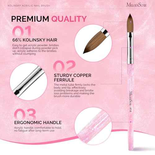 MelodySusie Kolinsky Acrylic Nail Brush,66% Kolinsky Hair Professional Nail Art Brush for Acrylic Application, Aurora Collection Fine Glitter Brush,Size 14