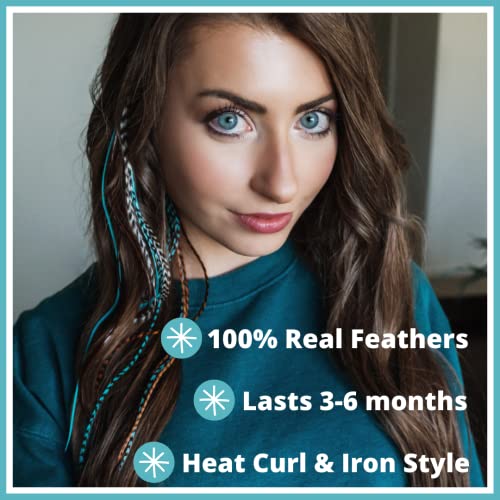 Feather Hair Extensions, 100% Real Rooster Hair Feathers, Long Natural and Turquoise Blue Colors, 20 Feathers with Beads and Loop Tool Kit NBT