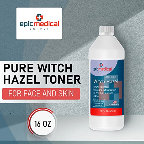 Epic Medical Supply Witch Hazel Toner for Face and Skin, 16 oz., Natural Astringent Cleanser, Cleans and Refreshes, No Dyes or Artificial Fragrances, Soothe Minor Wounds (1)