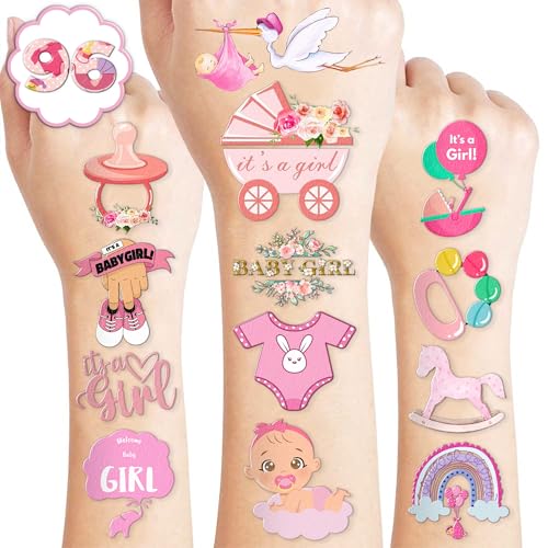 100 PCS Baby Girl Birthday Party Decorations Favors Supplies Temporary Tattoos Decor Pink Rose Gold Baby Girl Shower Floral Stickers For Boys Girls Gift School Prizes Rewards
