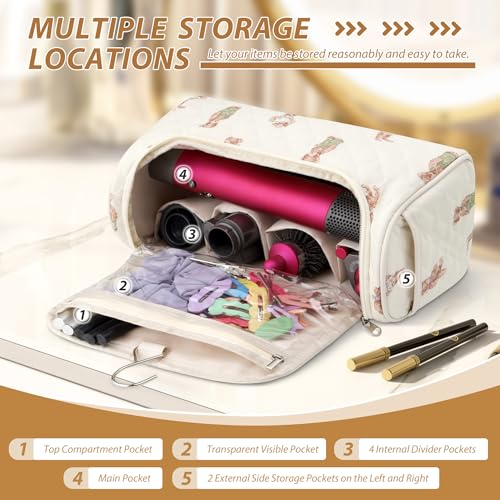 Travel Case Compatible with Dyson Airwrap & Shark Flex Style, Quilted Travel Hair Dryer Bag with Hook, Portable Hair Tool Organizer for Curling Iron & Accessories (Bear Beige)