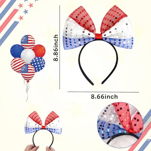 TIMMOKO 4th of July Headband for Women Girls Red White And Blue Bows With Sequin Patriotic Hairband American Flag USA Independence Day Head Band Hair Accessories Gifts 1Pcs