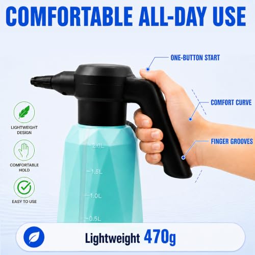 SYITCUN 1/2 Gallon Battery Powered Electric Spray Bottle with 2200mAh Battery, 3 Speeds, 2 Nozzles, Flexible Wand, Transparent Tank, Blue
