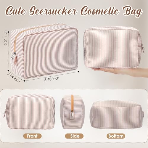 6 Seersucker Makeup Bags for Women - Large, Khaki - 8.46 x 5.51 x 3.54 in, 6 Pack