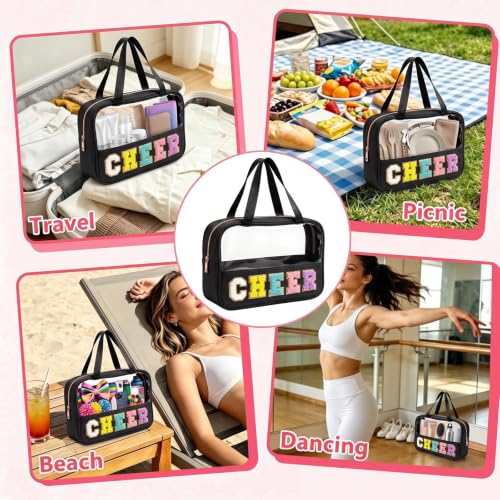 KRYZMET Cheer Makeup Bag Black with Chenille Letter Patch Waterproof Nylon, Travel Organizer for Girls & Women