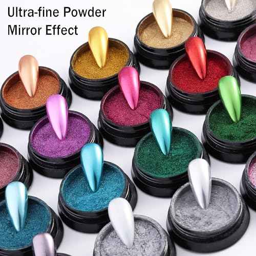 24 Colors Chrome Nail Powder Kit Mirror Effect Gold Silver Red Green Black Metallic Chrome Powder for Nails with Silicone Pen Applicator Brush Extra Fine Glitter Powder Manicure Supplies