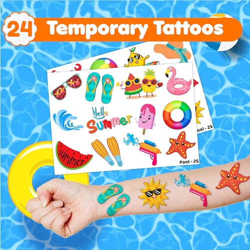 48PCS Pool Party Set - 24PCS Temporary Tattoos & 24PCS Slap Bracelets ? Fun Summer Birthday Supplies, Baby Shower Gifts, Classroom Rewards & Pool-Themed Decor for Kids (Boys & Girls)