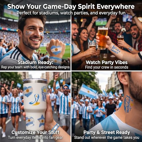 Argentina Flag Temporary Tattoos, 4 Sheets Waterproof Body Art