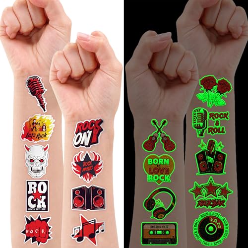 96 PCS Born to Rock and Roll Pre-Cut Luminous Glow in The Dark Temporary Tattoos for Kids | Super Cute Themed Birthday Party Favors Supplies Decorations, Music Fake Tattoos Gifts for Boys Girls