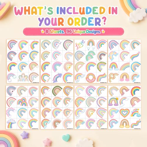 Pastel Rainbow Temporary Tattoos for Kids - 96 Designs