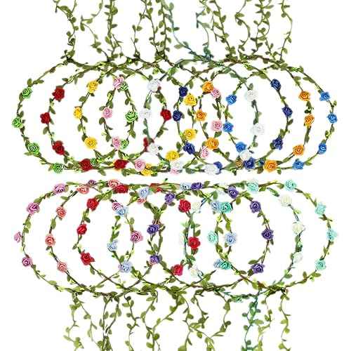 15 Pack Assorted Colored Rose Flower Crown Headband Garland Multicolor Headbands Wreath Floral Bohemian Headpiece for Vacation Fairy Party Wedding Festival