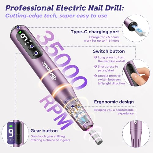 Breosic Pinkish Purple Electric Nail Drill Kit with 12 Bits for Gel & Acrylic Nails