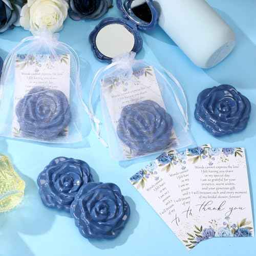 50 Sets Bridal Shower Party Favors for Guests Small Rose Compact Mirror Bulk Wedding Favors Thank You Cards and Organza Bags Wedding Party Guests Souvenir Gift (Blue)