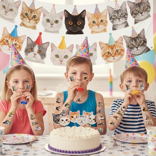 Cat Temporary Tattoos | Birthday Cat Birthday Party Decorations Party Favors Supplies Accessories D?cor Stickers Gift Idea For Kids Teen Boy Girl Adult 60Pcs 4 Sheets Pre-cut