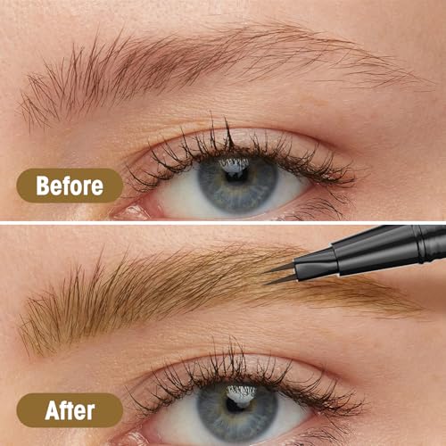 Microblading Eyebrow Pencil for Women Waterproof Brow Pencil 2-in-1 Dual-Ended with Micro-Fork-Tip and Precise Brush-Tip, Light Brown