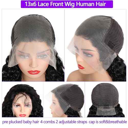 Lemoda 13x6 Water Wave Lace Front Wigs Human Hair 18 inch HD Lace Brazilian 15A Deep Wave Frontal Wigs 180% Density 13x6 Curly Human Hair Wig with Baby Hair Glueless Water Wave Wig For Black Women