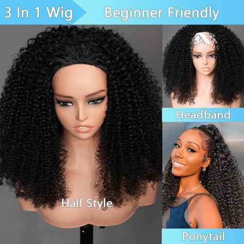 Ice Pear Half Wig Human Hair 200 Density Kinky Curly Half Wig 3 In 1 Seamless Flip Over Glueless Wigs Human Hair with Drawstring Beginner Friendly Curly Wig Headband Wig for Women Daily Wear 22 Inch