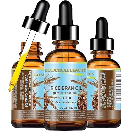 Botanical Beauty RICE BRAN OIL 100% Pure Natural Refined Undiluted Cold Pressed Carrier Oil for Face, Skin, Body, Hair, Massage, Nails. (4 Fl Oz)