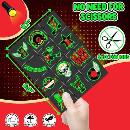 96PCS Born To Rock N Roll Rocks Luminous Glow in the Dark Temporary Tattoos Themed Music Band Birthday Party Decorations Favors Supplies Decor Rockstar Guitar Stickers For Kids (Glow in the dark)