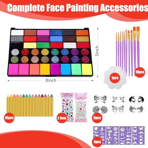Face Painting Kit for Kids, Professional Face Paint Kit, 42 Colors Washable Facepaint Makeup Kit, Non-Toxic Face Paint with Stencils, Gems, Brushes for Halloween, Party, Birthdays, Carnival, School
