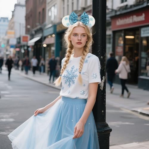 Bianbaistar Snowears Velvet Headband with Big Ears & Blue Bow - Winter Snowflake Sequin Accessory for Women & Kids