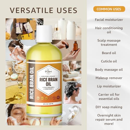 ORGANIC RICE BRAN OIL (8 oz) Premium Cold Pressed Unrefined | 100% Pure Rice Bran Oil for Skin, Face, Hair, Soap Making | Carrier for Essential Oils | Available in Bulk | 8 FL OZ