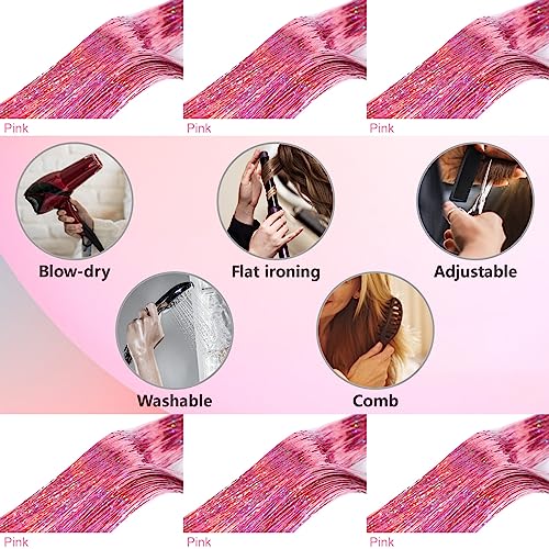 Fiwecos Pink Fairy Hair Tinsel Kit - 1200 Strands, 48 Inches