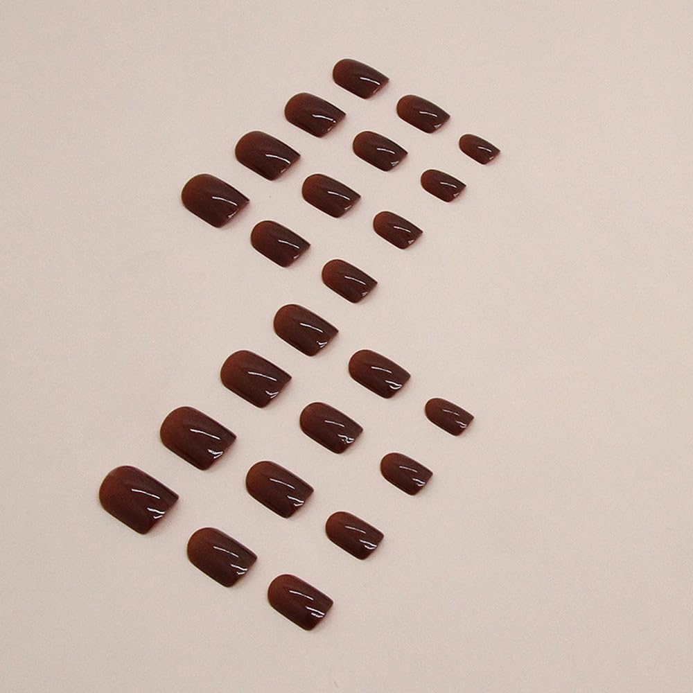 Square Press on Nails Short Brown Acrylic Short Fake Nails Winter Nails Press ons, Full Cover Glue on Nails Short Artificial Glossy Designs for Women 24 Pcs