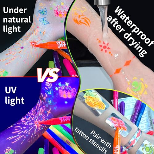 Fluorescent Body Paint Markers, 12 Colors Glow in UV Light with 6 Stencils