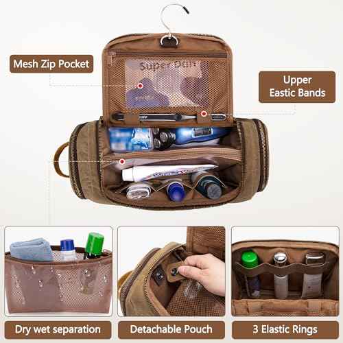 YARWO Hanging Toiletry Travel Bag for Men, Large Waxed Canvas Men Dopp Kit Hygiene Bag with Detachable Zipper Pouch, Water-resistant Shaving Storage Bag for Razor, Shower Essentials, Travel Toiletries