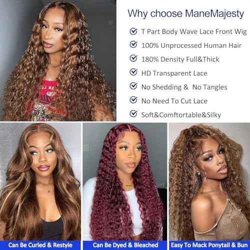 Ombre Curly Wave Lace Front Wigs Wear and Go Glueless Wigs Human Hair Pre Plucked Pre Cut Wet and Wavy Lace Front Wig180% Density T Part Honey Blonde and Brown Mixed Wig(FS4/27,12inch)