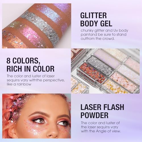 8 Colors Face & Body Glitter Palette - Holographic Mermaid Sequins