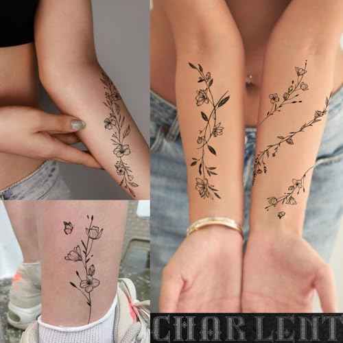 Temporary Tattoos for Women - 49 Pcs Line Leaves Sketch Fake Tattoos for Arm Wrist Leg Body/Realistic/Long Last/Waterproof