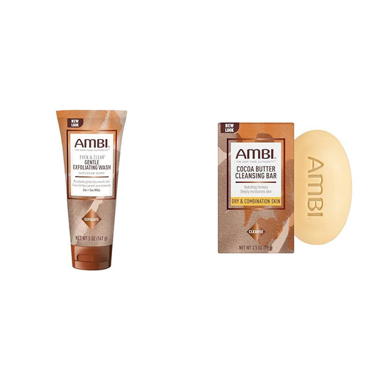 Ambi Exfoliating Wash I With Salicylic Acid Acne Treatment & Cocoa Butter Cleansing Bar I 5 Ounce & 3.5 Ounce