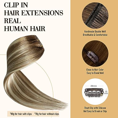 LaaVoo Balayage Clip in Hair Extensions Human Hair Light Brown to Blonde Clip in Hair Extensions Real Human Hair Ombre Real Hair Extensions Clip ins Remy Hair Straight 18 Inch 5pcs/80g