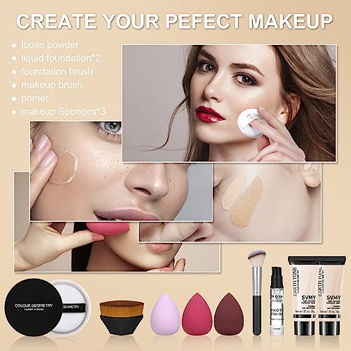Foundation Kit Full Coverage Foundation Primer Powder Makeup Set Kabuki Makeup Brushes Foundation Brush Powder Brush 3 Pcs Makeup Sponge