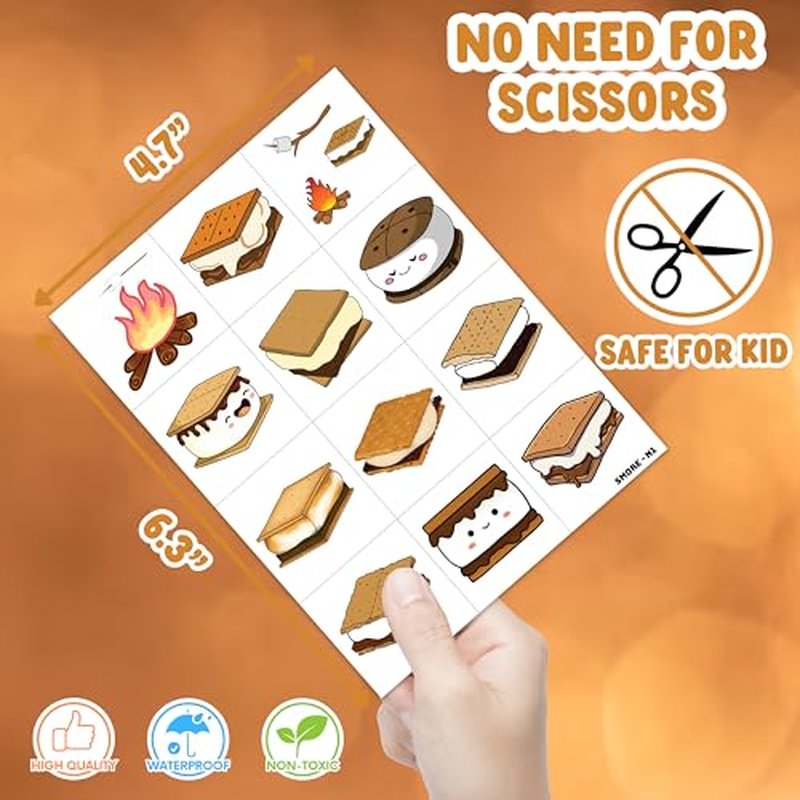 96PCS Smores Pre-Cut Temporary Tattoos Campfire Birthday Party Decorations Favors Supplies Camping Baby Shower Themed Stickers 8 Sheets Gifts for Kids Girls Boys Decor Class School (Normal)