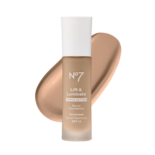 No7 Lift & Luminate Triple Action Serum Foundation - Liquid Foundation Makeup with SPF 15 for a Dewy, Glowy Base - Radiant Serum Foundation for Mature Skin - Warm Beige (1 Fl Oz)