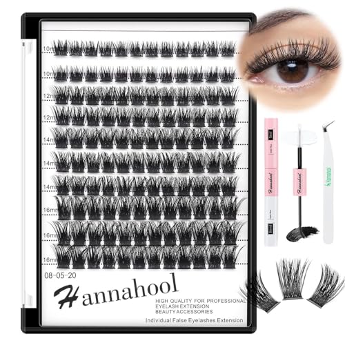 Hannahool10Rows Mixed 10-12-14-16mm /8-10-12-14mm Individual False Eyelashes D Curl Wide Stem Makeup Cluster Eyelashes Natural Volume Eye Lashes Extensions (HD-lashes kit-10-12-14-16MM Mixed)