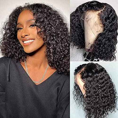 Short Wet and Wavy Curly Lace Front Wigs Human Hair 14Inch, 4x4 Water Wave Lace Frontal Bob Wig Human Hair Glueless Pre Plucked 150% Density Natural Black Color