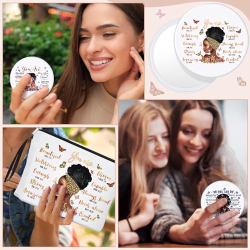 Roowest 40 Pcs Black Women Gifts Bulk Makeup Bag with Inspirational Compact Mirrors, Funny Small Travel Cosmetic Gifts for Womens Day Black Women