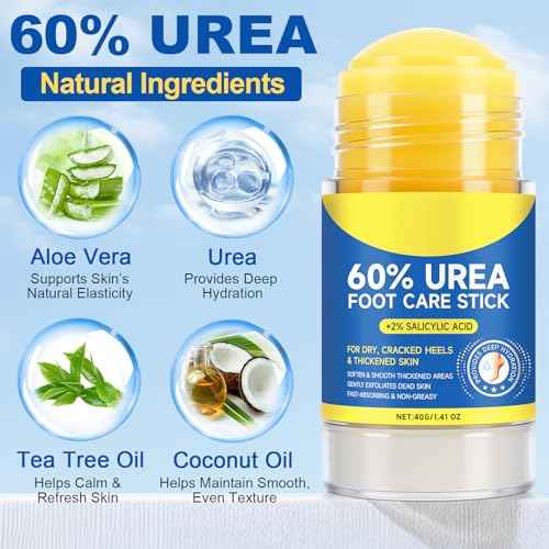 60% Urea with 2% Salicylic Acid Urea Foot Care Stick, Foot Cream Moisturizer for Dry Cracked Feet, Knees, Elbows, Hands,Moisturizes and Hydrates the Dry Skin,Callus Remover & Skin Softener -1.41oz