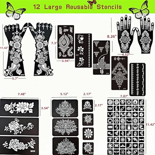 Temporary Tattoo Stencils Kit - 12 Sheets, 78 Designs, 6 Cones