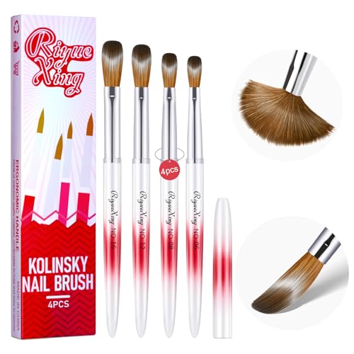4PCS Gradient Red Silver Acrylic Nail Brush Set Kolinsky Hair Oval Pressed Shape