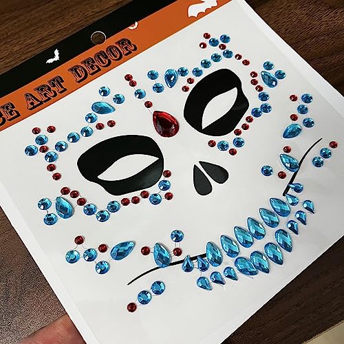 6-Pack Skull Face Gems Jewels,Day of the Death Halloween Temporary Face Tattoos Fake Face Jewelry