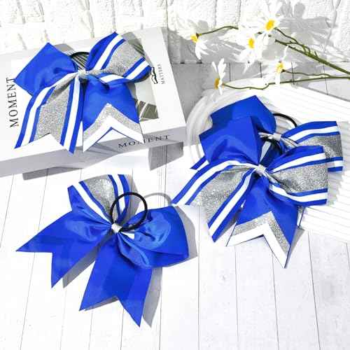 8 PCS Large Glitter Cheer Bows 8" Hair Bows Sparkly Cheerleading Softball Team Bow Hair Ponytail Holder Accessories for cheerleaders football Competition Sports- Silver Blue White