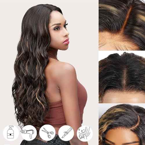 13x6 Lace Front Wigs Human Hair Balayage Highlight Ombre Body Wave Lace Front Wigs Human Hair Pre Plucked 180% Density HD Lace Glueless Wigs for Black Women 26 Inch FS1B/30