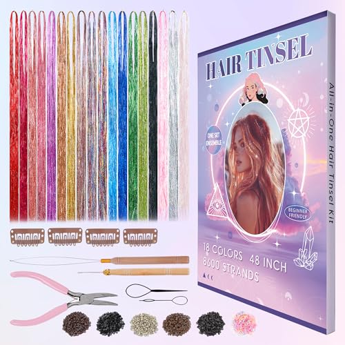 Hair Tinsel Kit 18 Colors 8600 Strands with Tools