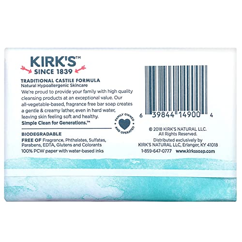 Kirk's Castile Bar Soap Clean Soap for Men, Women & Children | Premium Coconut Oil | Sensitive Skin Formula, Vegan | Fragrance-Free/Unscented | 4 oz. Bars - 12 Pack